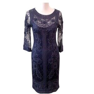 Sue Wong Nocturne Dress Sz 10 Navy Lace Soutache Sheath Wedding *Altered*